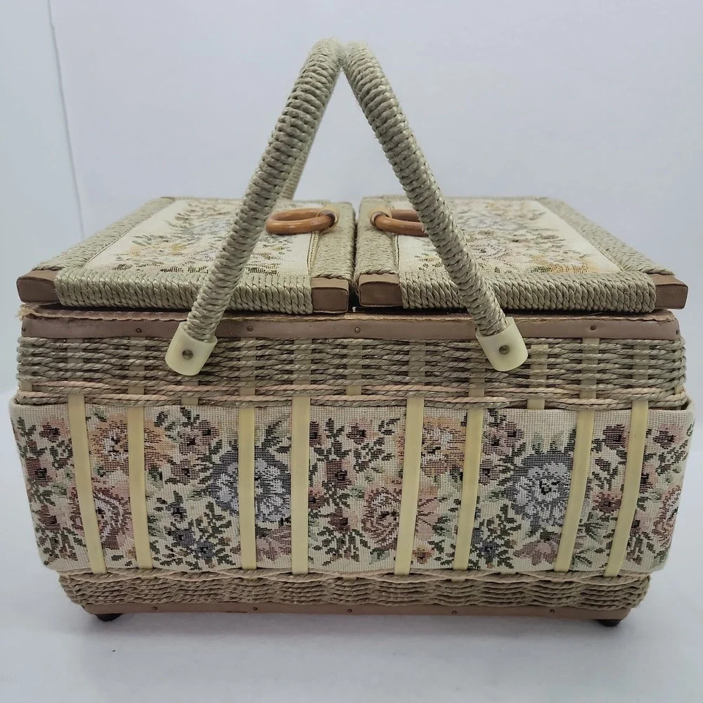 Vintage Wicker Floral Tapestry Sewing Basket Box Double Lid Wood Handle W/ Tray